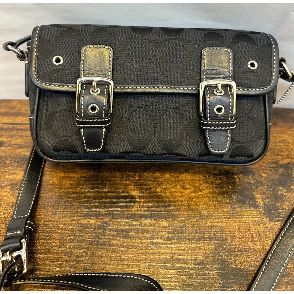 Coach Signature Mini Field Bag Black Jacquard Leather Crossbody Y2K Logo 6844 - Picture 16 of 16